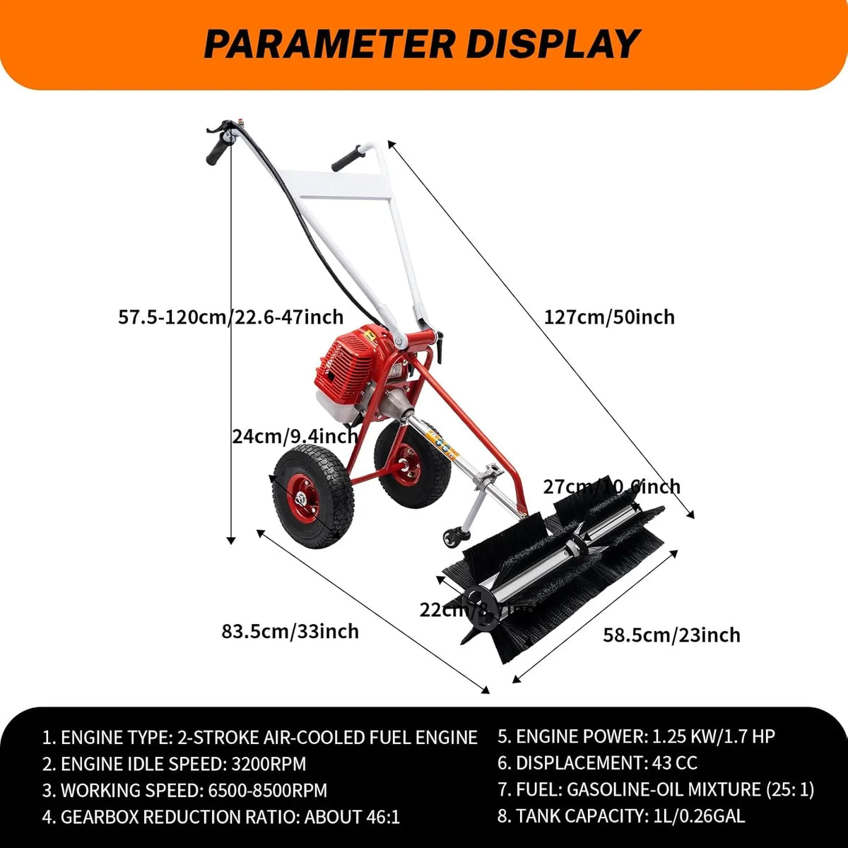 43cc 1.7HP Gas Powered Broom, 2 Stroke Power Sweeper Handheld Gasoline Power Broom Sweeping Machine for Garden Lawn Yard Sidewalk Driveway Turf Grass Cleaning, 600mm Nylon Brush Sweeping broom