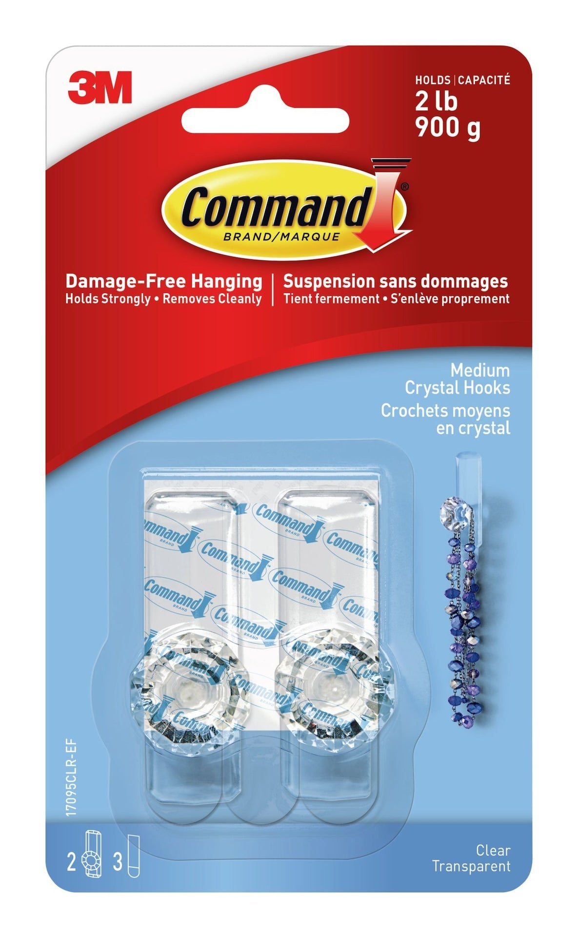 Medium Decorative Crystal Hooks with Adhesive Strips, Clear, 2-lbs, 2 Strips per Pack