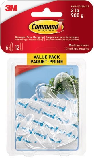 Medium Hooks Value Pack with Adhesive Strips, Clear, 2-lbs, 6 Strips per Pack
