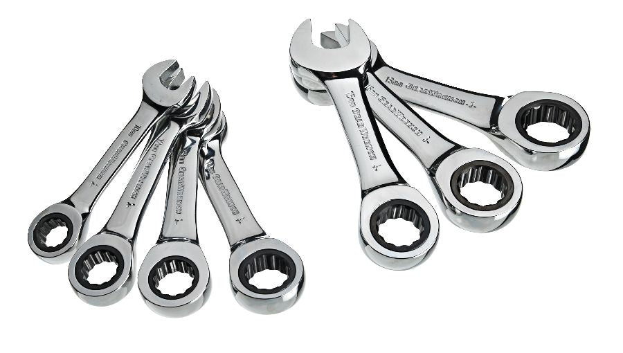 Stubby Ratcheting Wrench Set, Metric, Nickel-Chrome Plating, 7-pc