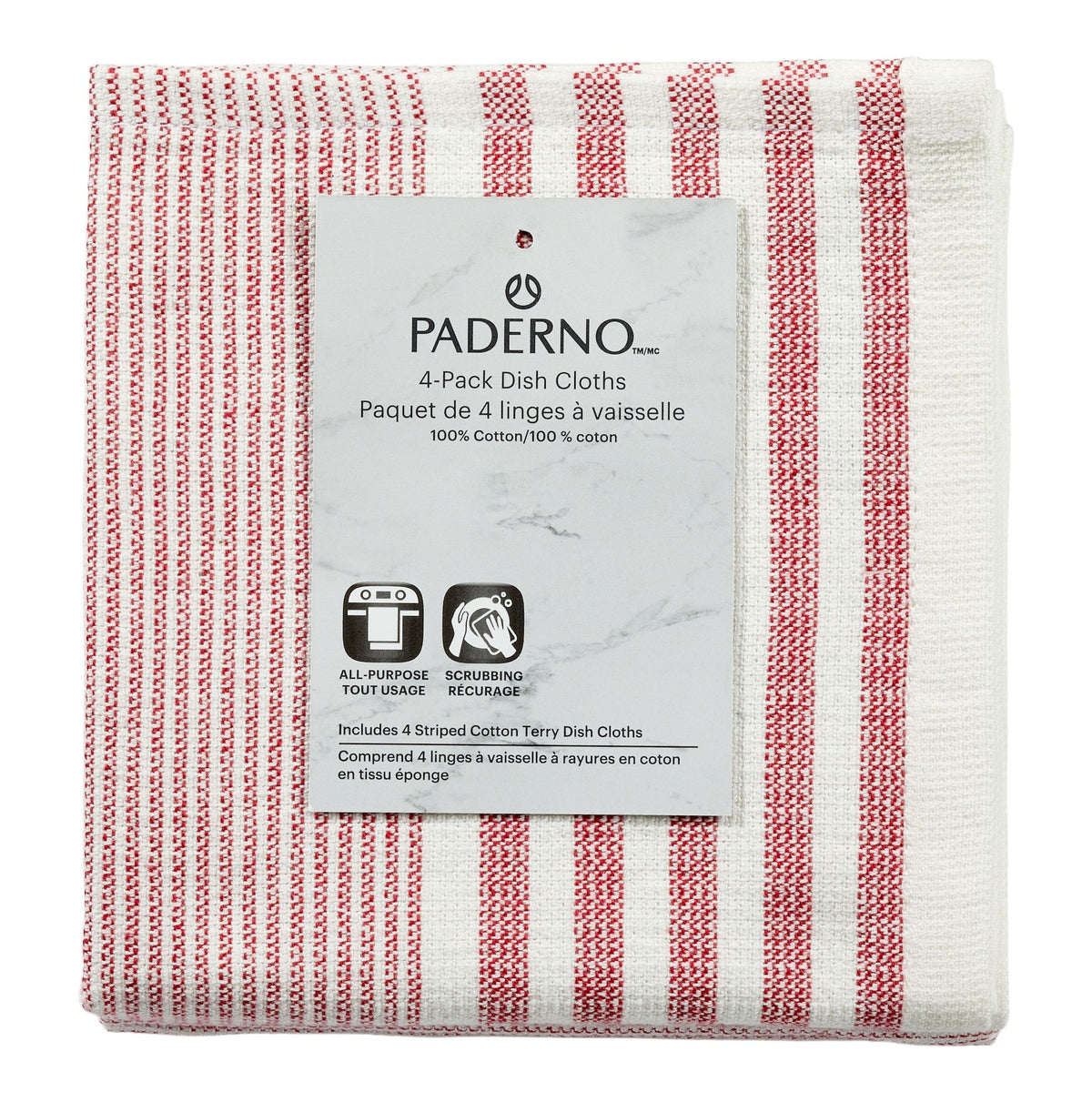 Striped Cotton Terry Square Dish Cloths, Red, 4-pk