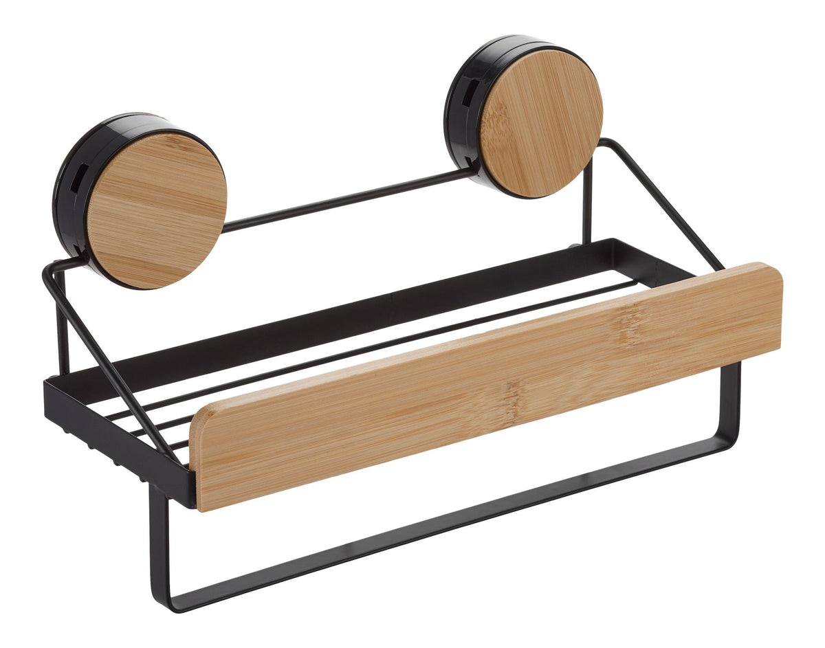 Wall Mounted Single Tier Shower Rack, Black/Bamboo