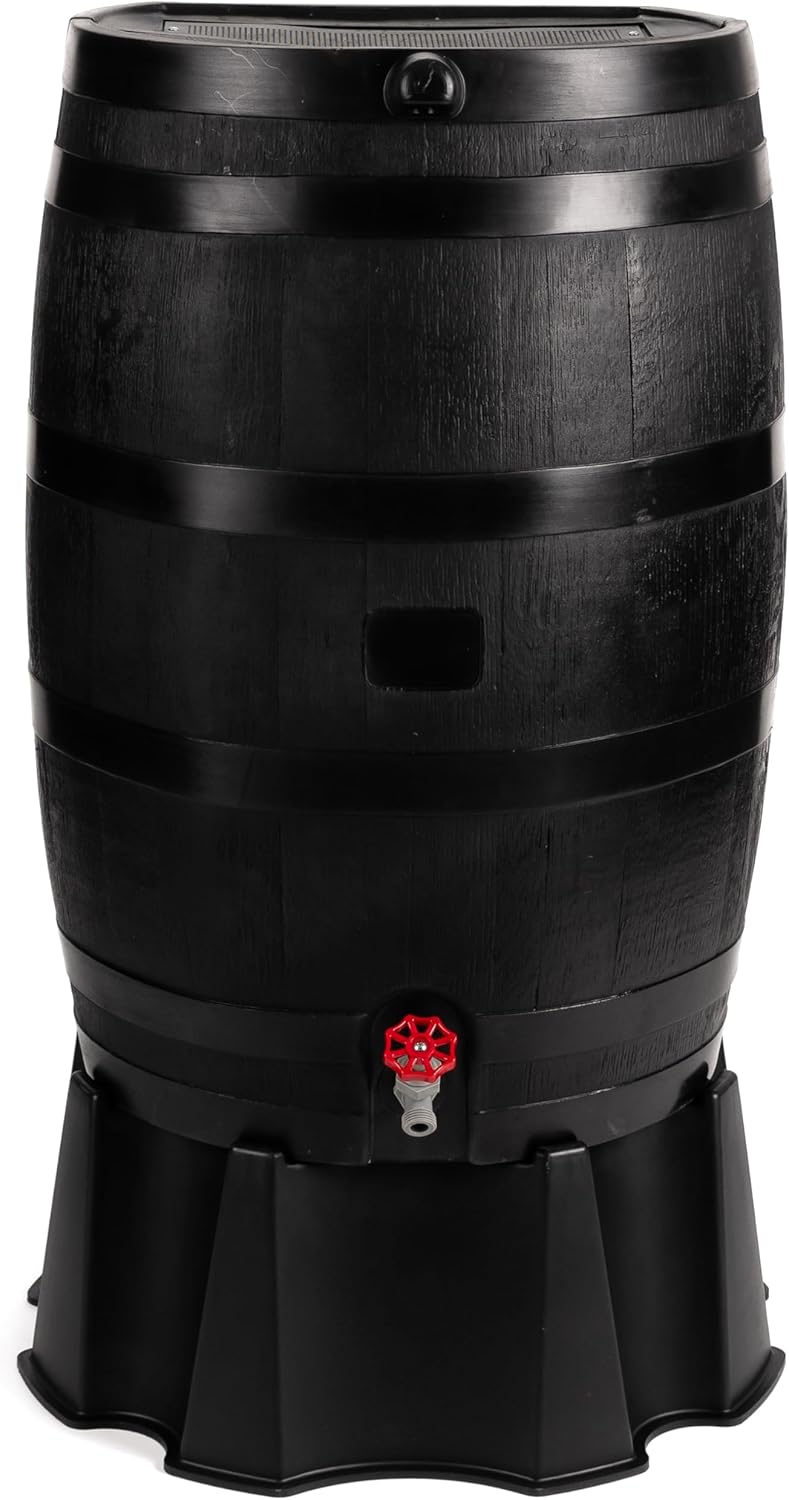 RTS Home Accents 50-Gallon ECO Rain Barrel Made with 100% Recycled Plastic, Flat Back Rain Water Collection Barrel, Black F853