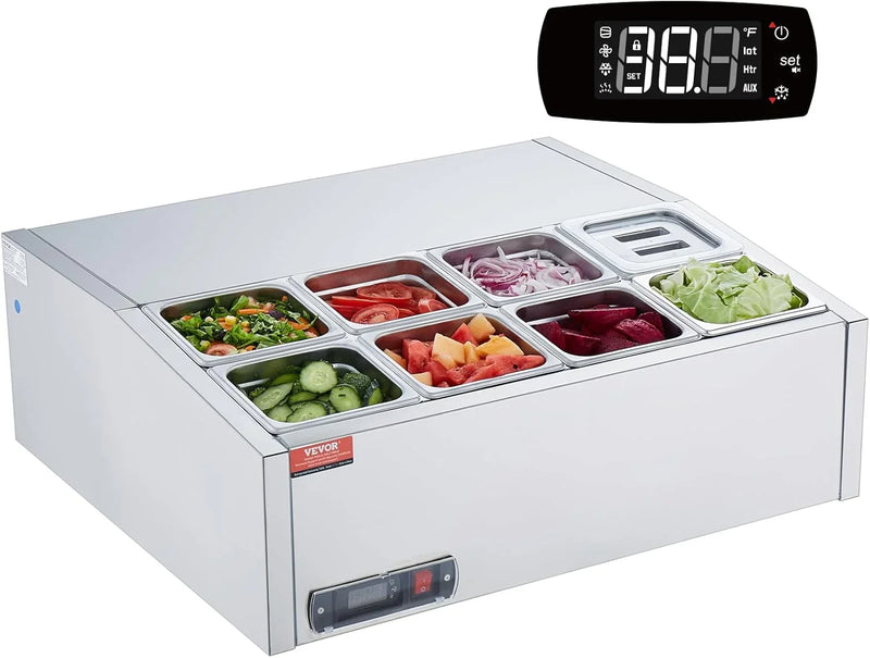 Refrigerated Condiment Prep Station, 135 W Countertop Refrigerated Condiment Station, with 2 1/3 Pans & 4 1/6 Pans, 304 Stainless Body and PC Lid, Sandwich Prep Table with Stainless Guard, ETL J4990