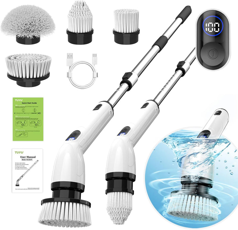 Electric Spin Scrubber, Full-Body IPX7 Waterproof Bathroom Scrubber with Power LCD Display, Adjustable Extension Handle, Cordless Shower Cleaner Brush for Bathtub Kitchen Wall Cleaning G2738