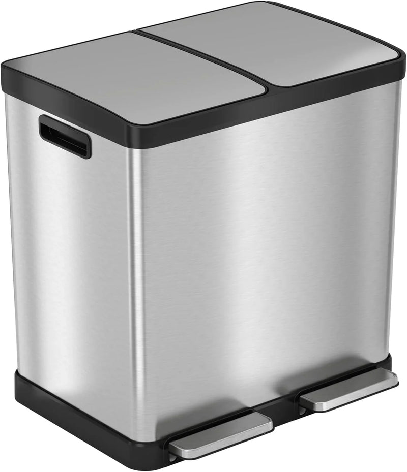 16-gallon contact-free trash and recycling bins, made of stainless steel, with a double compartment design (each compartment holds 8 gallons), suitable for recycling and waste disposal in the kitchen. Y4939