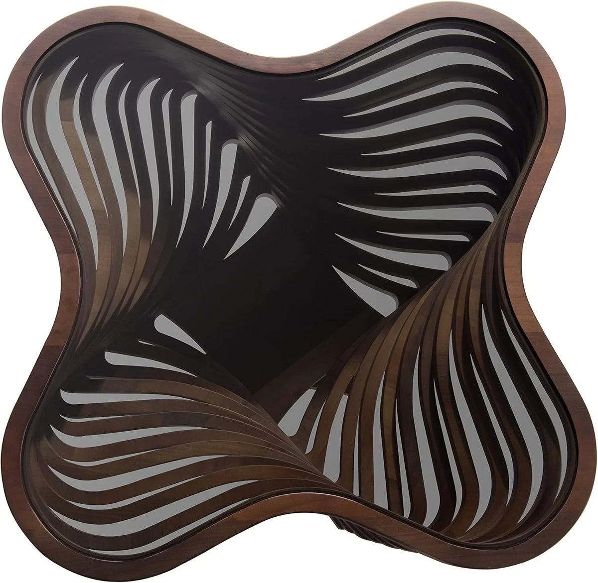 Design a modern coffee table - natural walnut veneer, tempered glass tabletop, layered wave shape, rustic wood, modern living room table, luxurious home and office decoration, central table in the living room.