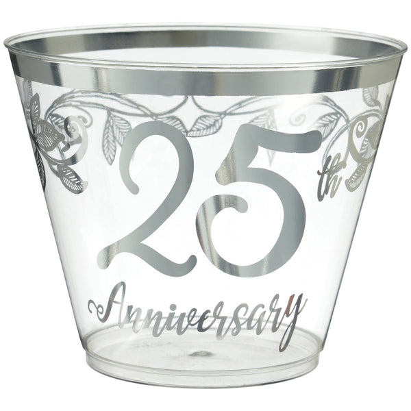 "25th Anniversary" Bordered Trimmed Plastic Reusable Tumbler Cups, Clear/Silver, 9-oz, 30-pk, for Anniversary Party N0367