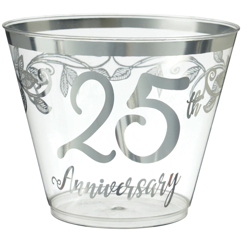"25th Anniversary" Bordered Trimmed Plastic Reusable Tumbler Cups, Clear/Silver, 9-oz, 30-pk, for Anniversary Party N0367