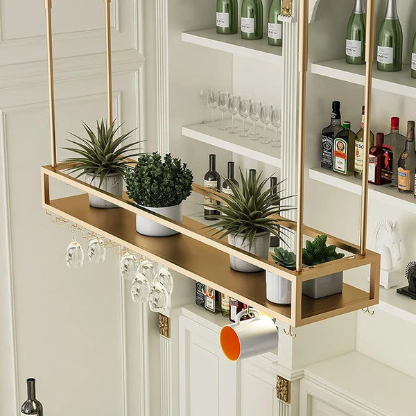 Wall Mounted Wine Rack for Bars & Restaurants Gold Metal Hanging Storage for Wine Bottles & Stem Glasses Perfect for Dining Room & Kitchen Decor Space Saving Design V7828