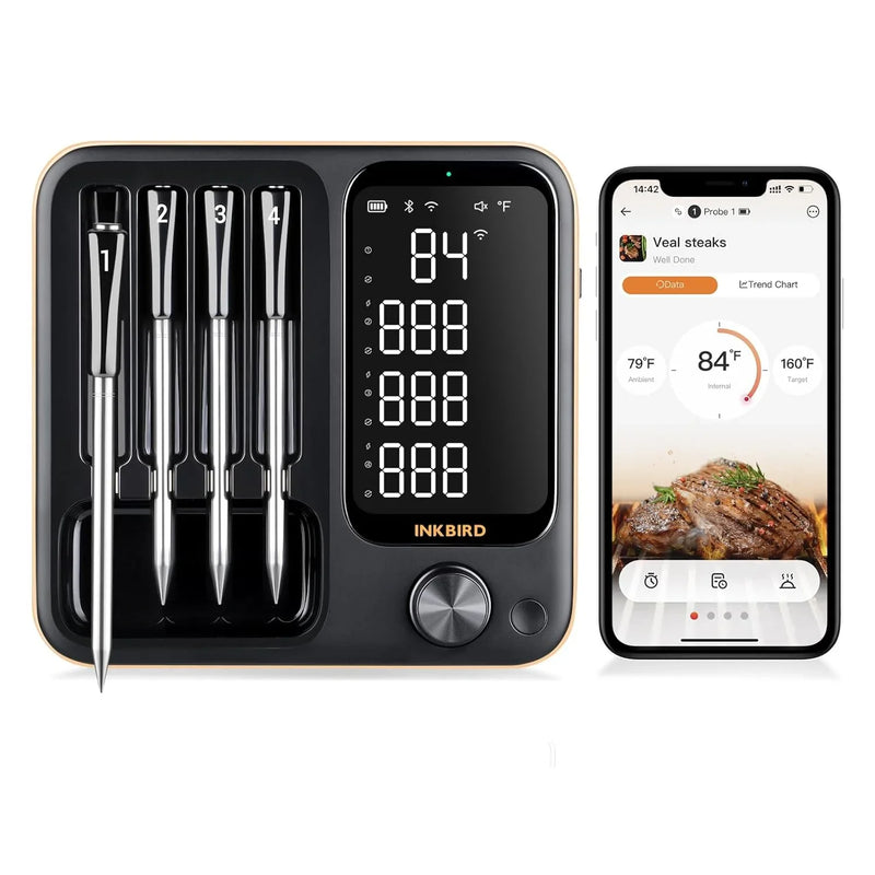 True wireless meat thermometer, equipped with 4 probes, Wireless meat thermometer, with backlit LCD display, Wi-Fi-enabled smart food thermometer, rechargeable, suitable for barbecue grills, charcoal grills, ovens, and rotating barbecue racks. Y1151