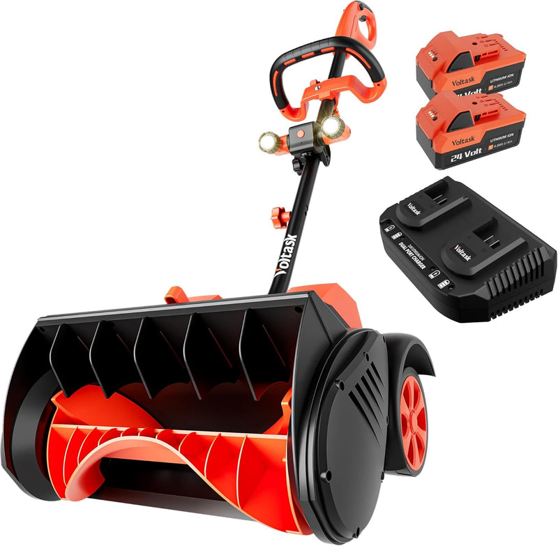 Cordless Snow Shovel with Wheels, 48V | 16-Inch | 4-Ah Brushless Cordless Snow Blower, Battery Snow Blower with Directional Plate & LED Lights (2 * 24V Battery & Dual Quick Charger Included) D7247