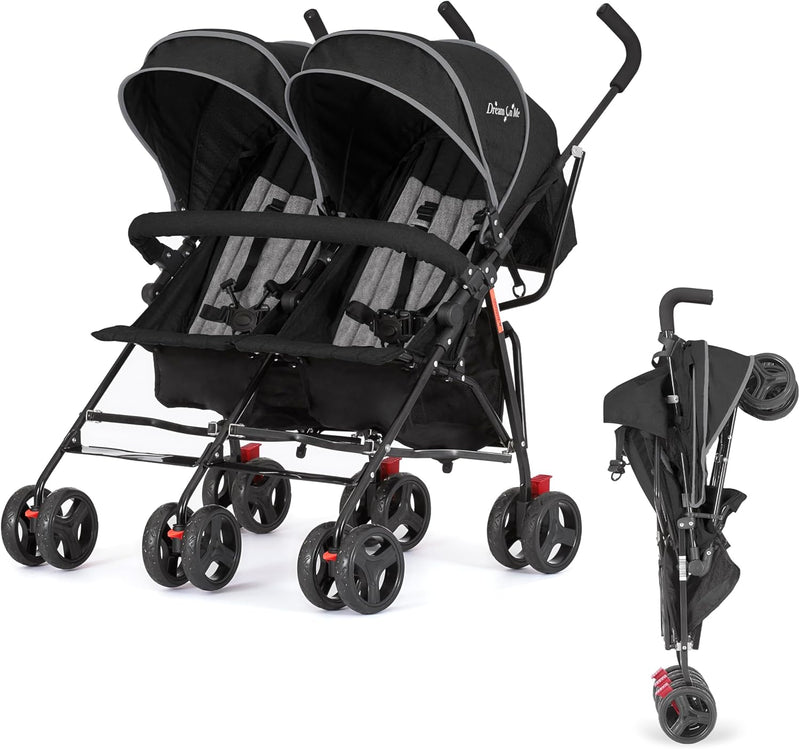 Twin Umbrella Stroller in Black, Lightweight Double Stroller for Infant & Toddler, Compact Easy Fold, Large Storage Basket, Large and Adjustable Canopy M6835
