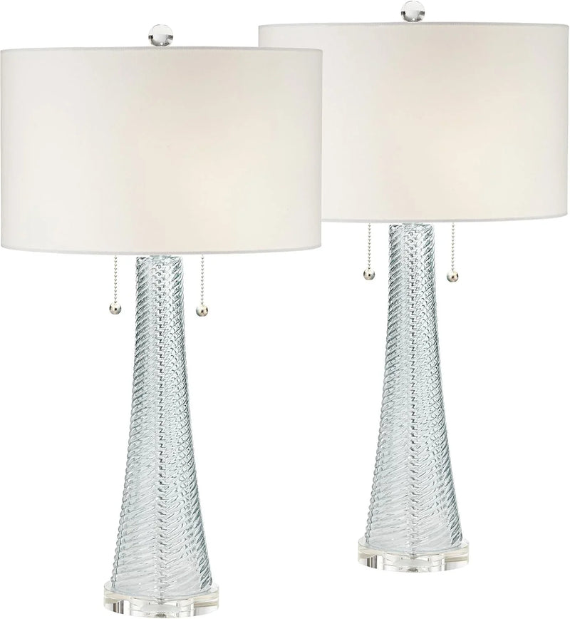 Modern desk lamp, 28.5 inches high, 2 sets. Features a sky-blue textured glass lampshade and a white cylindrical lampshade with a vortex pattern. Suitable room, bedroom, bedside table, night light, office, and home use. I0116