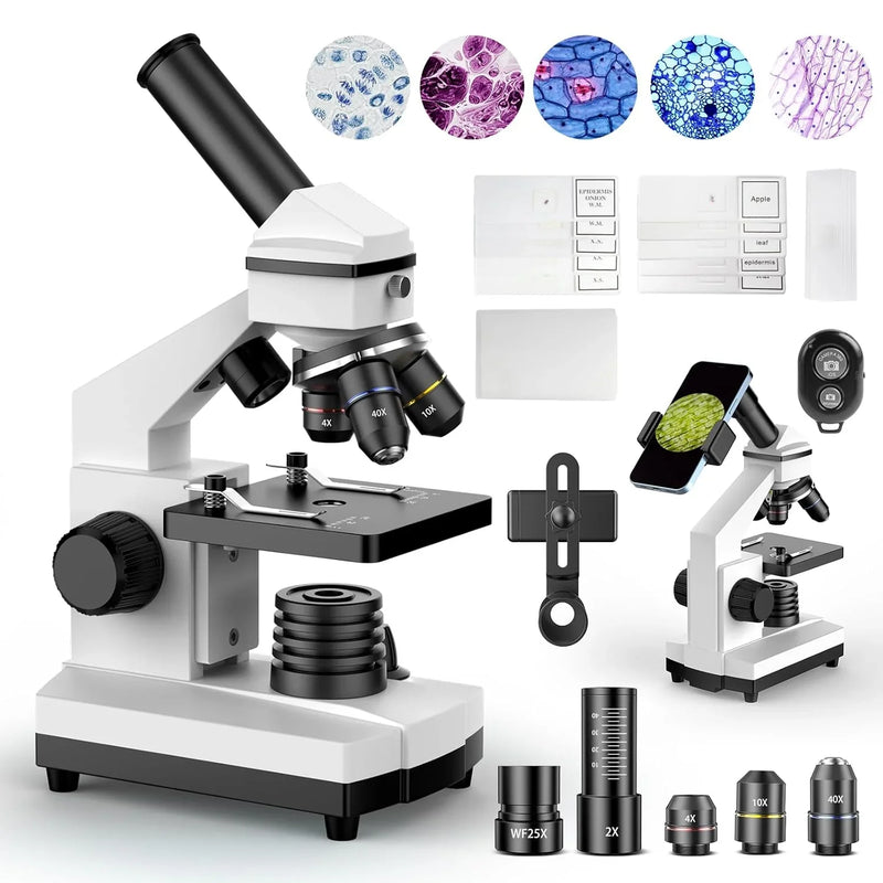 Compound Microscope for Adults & Kids - 100X-2000X High-Power Biological Microscope for Students, School Lab & Home Education, with Slides Set & Phone Adapter (White) L1818