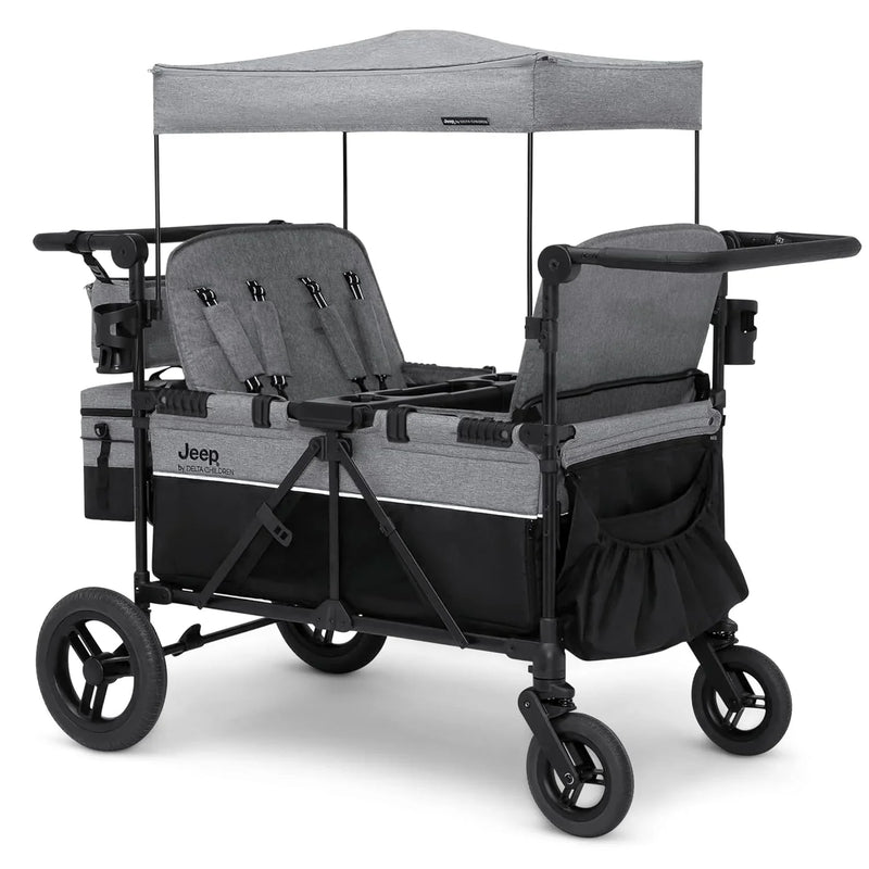Luxurious 4-seater children's stroller - A high-end 4-seater children's stroller specially designed for 4 children, equipped with convertible seats, adjustable push-pull handles, detachable sunshade, and flat folding device. The color is grey. J2115