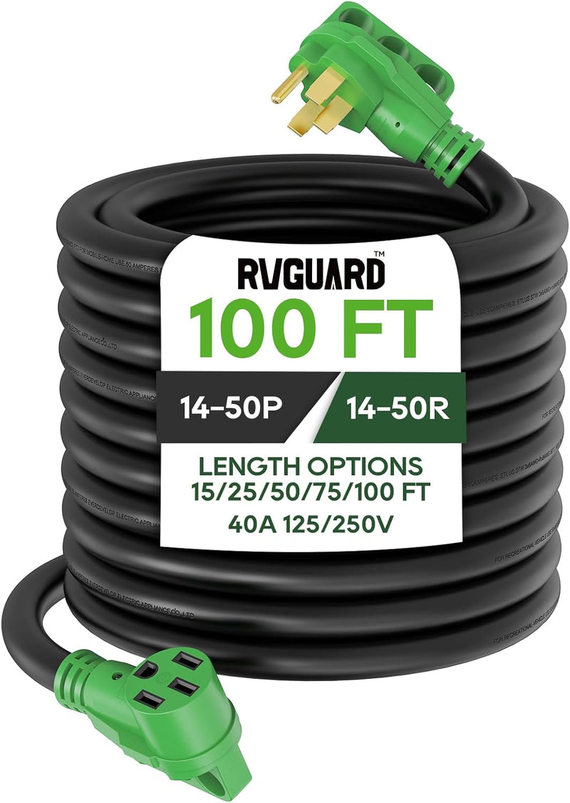 40 Amp 100 Foot RV/EV Extension Cord, NEMA 14-50P/R Heavy Duty Extension Cord with LED Power Indicator and Cord Organizer, Green X2379