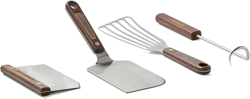 4-piece frying pan set - includes frying pan spatula, workbench scraper, fish spatula and pigtail flipper - brown linen micro-carbon fiber handle M3390