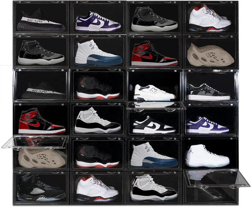 XL brand shoe storage box - Foldable and stackable shoe organizer - Black hard plastic large-capacity shoe box, suitable for shoes up to size 13 - Acrylic shoe box, suitable for Jordan, sneakers, boots (black, 24 pieces) S6549