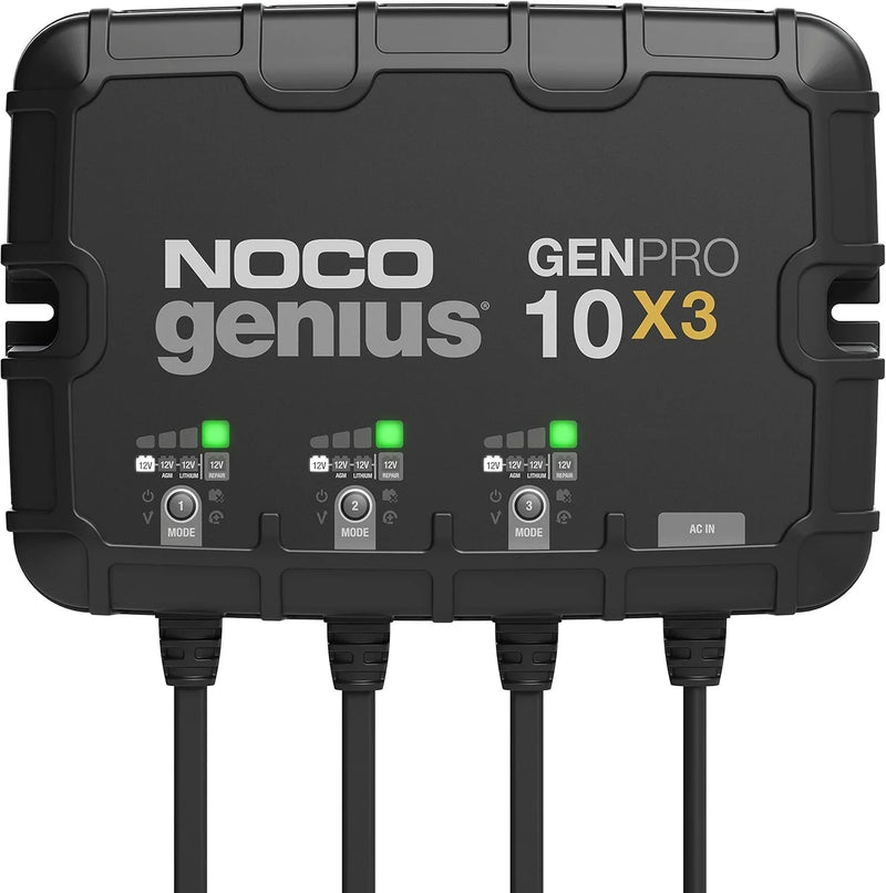 Three sets of batteries, 30-ampere built-in battery charger - Each set consists of 10-ampere, 12-volt waterproof marine charger, featuring overcharge protection and temperature compensation functions - Suitable for lead-acid batteries and B9086