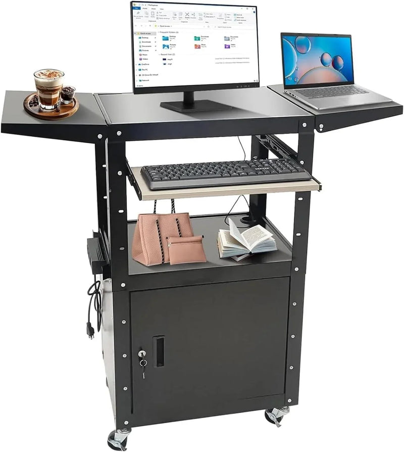Upgraded AV Cart, Adjustable-Height Steel AV Cart with Locking Cabinet and Pullout Keyboard Tray, Rolling Media Cart with Wheels & Power for Computer Laptop Projector Printer (Black/43"x18"x43") S9310