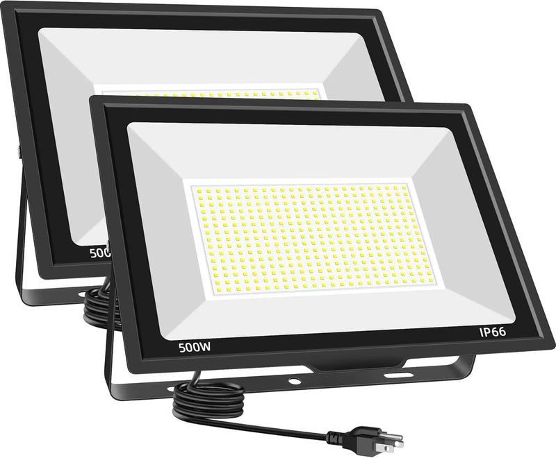 500W LED Flood Light Outdoor 2 Pack, 2000W Equivalent FloodLight with Plug, Super Bright 55000LM 5000K Daylight White IP66 Waterproof Commercial Lighting for Sports Fields,Courts,Arena,Stadium B3113