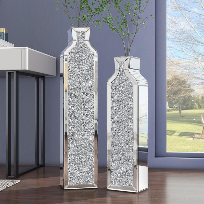Floor vase crushing diamond reflective vase - Silver floor-style vase set (2-piece) - 24-inch and 30-inch large crystal goblet vases, suitable rooms, dining rooms, bedrooms, home corners, corridors, indoor offices and floors. N7023