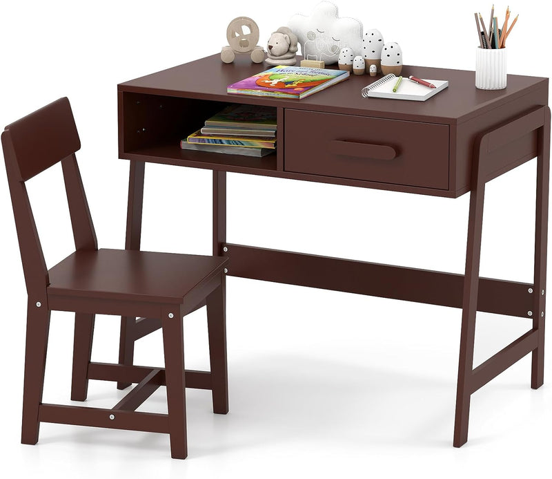 Kids Desk and Chair Set, Wooden Children School Study Table and Chair w/Storage Drawer & Hutch, Student Writing Desk Computer Workstation for Bedroom, Gift for 3 Years Old (White) Y7610
