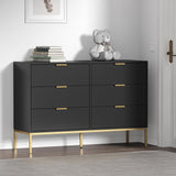 Black Dresser for Bedroom, Modern 6 Drawer Dresser, Chest of Drawers Closet Organizers and Wood Storage Clothes, White Dresser with Golden Handles Room, Hallway