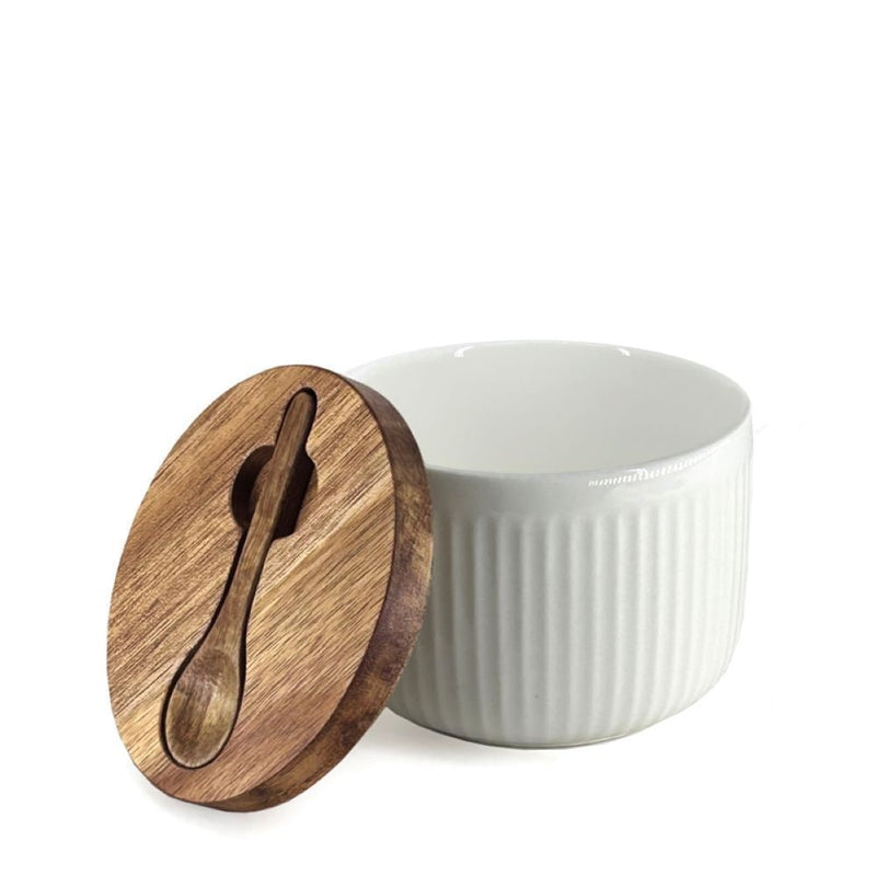 Porcelain Salt/Herb Keeper with Spoon & Acacia Lid, Dishwasher Safe J1914