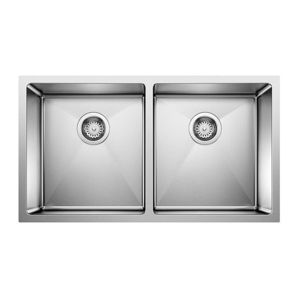 Quatrus R15 32-in 50/50 Double Bowl Undermount Stainless Steel Kitchen Sink V7702