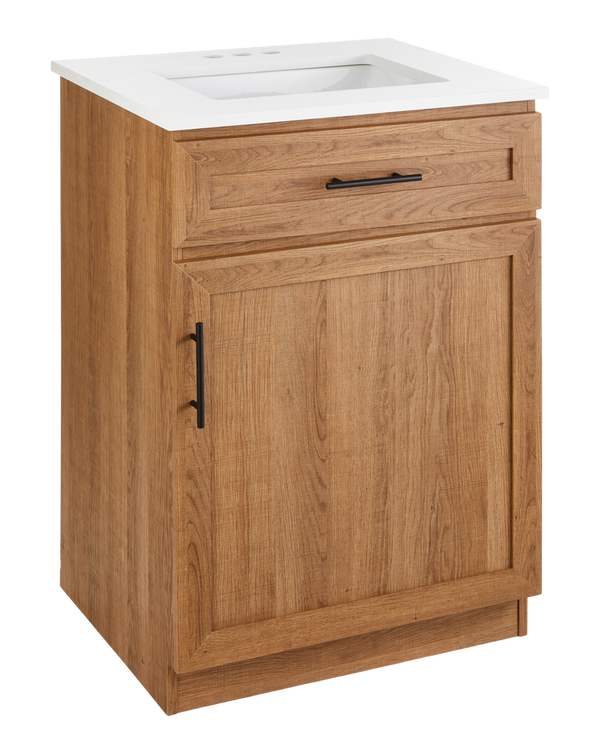 Danville Single Door Single Sink Stone Top Bathroom Vanity, Honey Oak, 24-in L2984