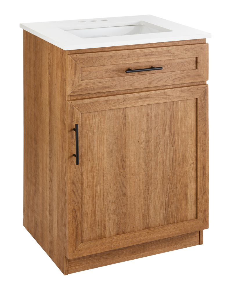 Danville Single Door Single Sink Stone Top Bathroom Vanity, Honey Oak, 24-in L2984