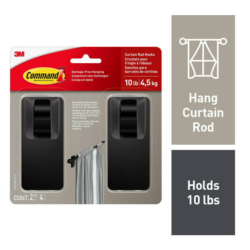 2-Piece 10-lb Matte Black Damage Free Curtain Rod Hooks R9214