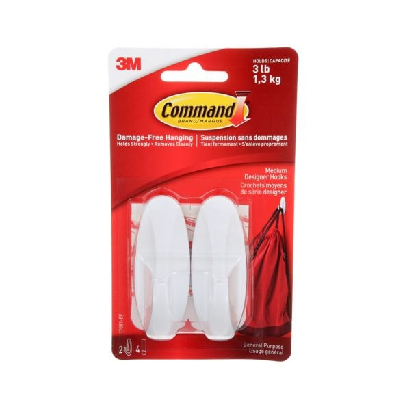Medium Designer Hooks with Adhesive Strips, White, 3-lbs, 2 Strips per Pack H3293