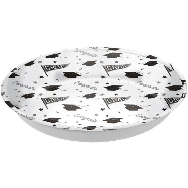 "Congrats Grad" Round Plastic Reusable Serving Bowl, White, 14-in, for Graduation L9851