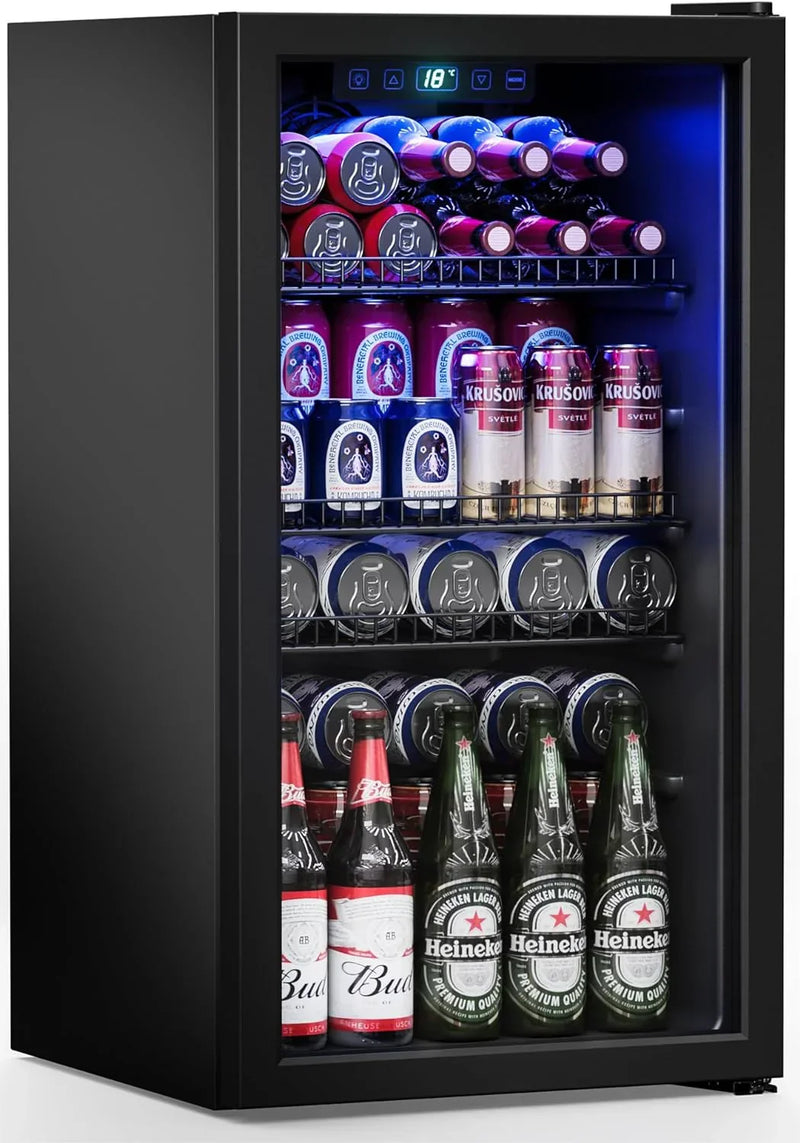 Refrigerator Cooler-120 Cans Freestanding Mini Fridge Cooler with Glass Door, Adjustable Shelves & Digital Temperature Display for Soda, Wine or Beer (Black, 3.2 Cu.Ft) D0579