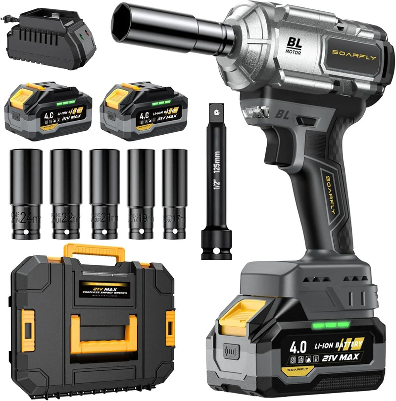 Cordless Impact Wrench, 1200Nm(900ft-lbs) High Torque 1/2'' Impact Wrench, 21V Brushless Electric Impact Gun with 2Pcs 4.0Ah Batteries, 1 Hour Fast Charger, 5 Sockets, Power Impact Driver for Car Home K1409