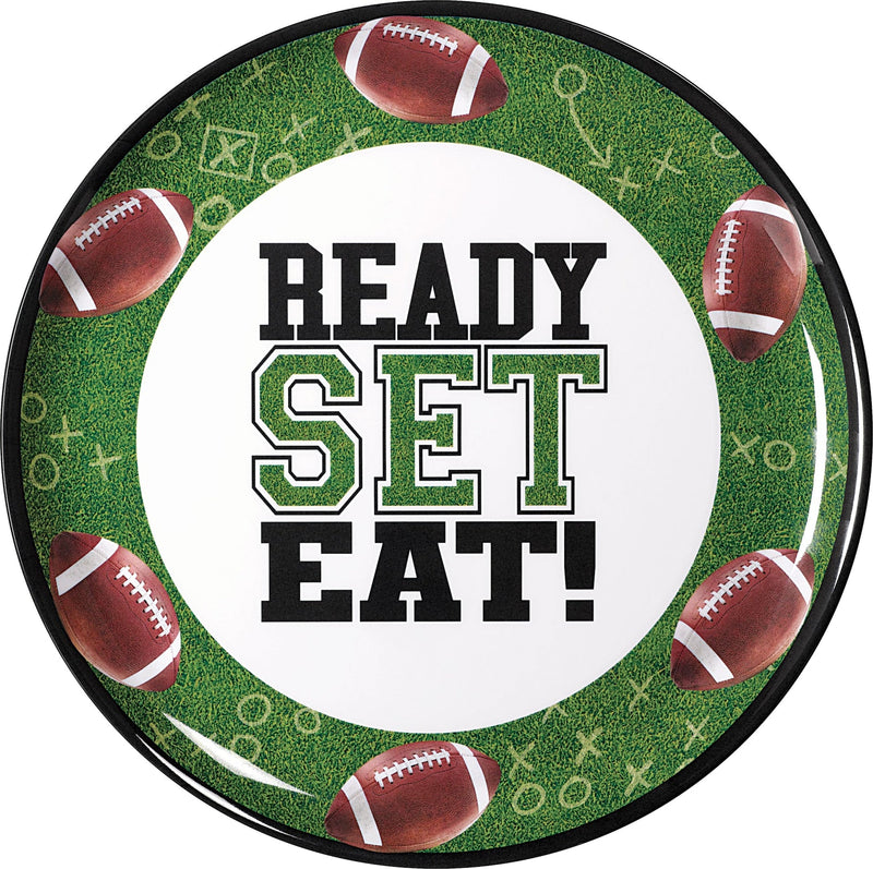 Football "Ready Set Eat" Round Plastic Melamine Reusable Serving Platter, Green, 13.5-in, for Sports Party L6758