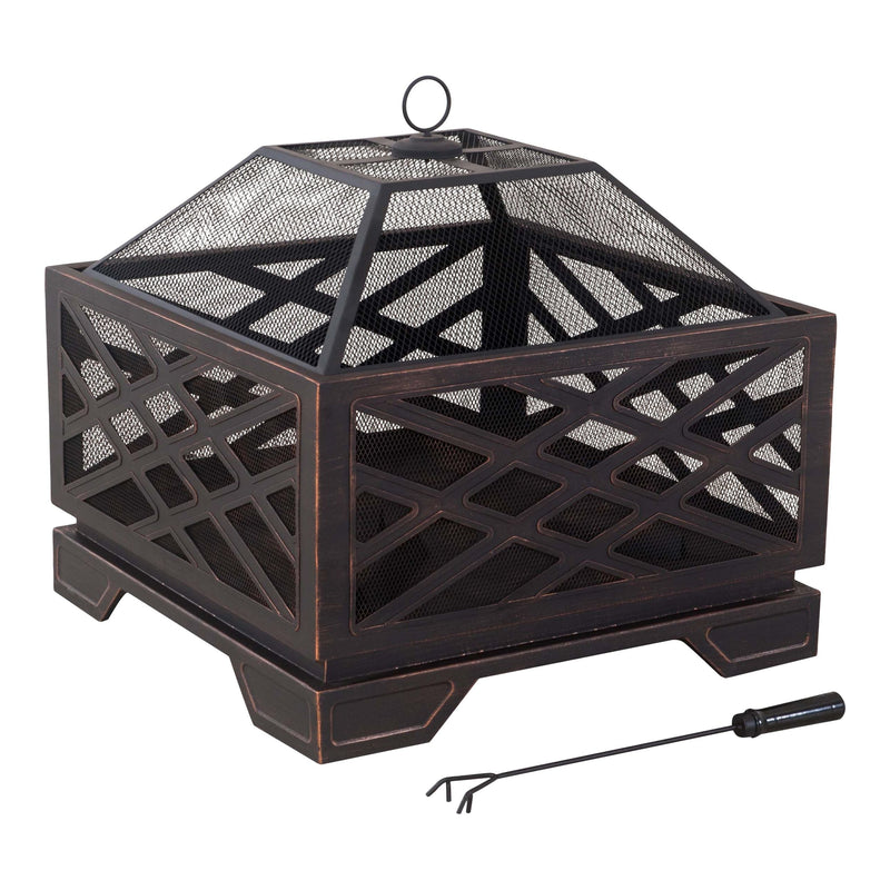 Lawrence Steel Outdoor Wood Burning Fire Pit with Fireplace Poker, 25 x 25 x 26-in J6120