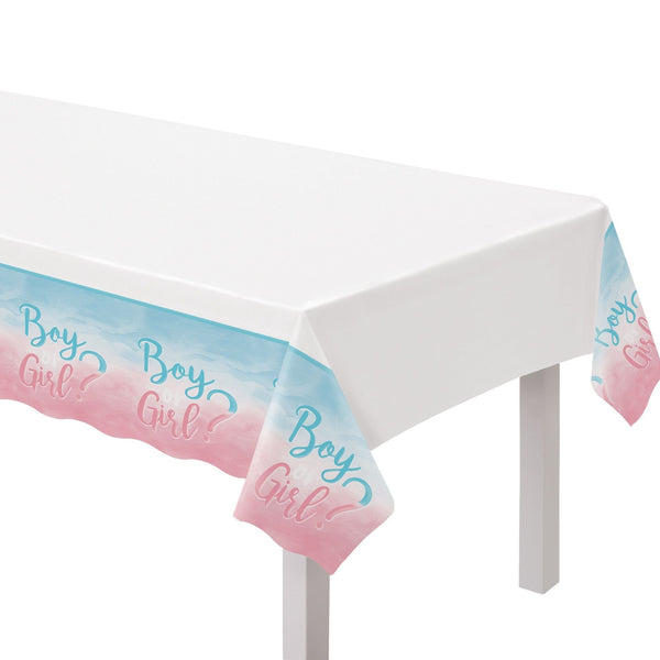 "Girl or Boy?" Rectangle Plastic Reusable Table Cover, Pink/Blue, 54x102-in, for Gender Reveal Q1486