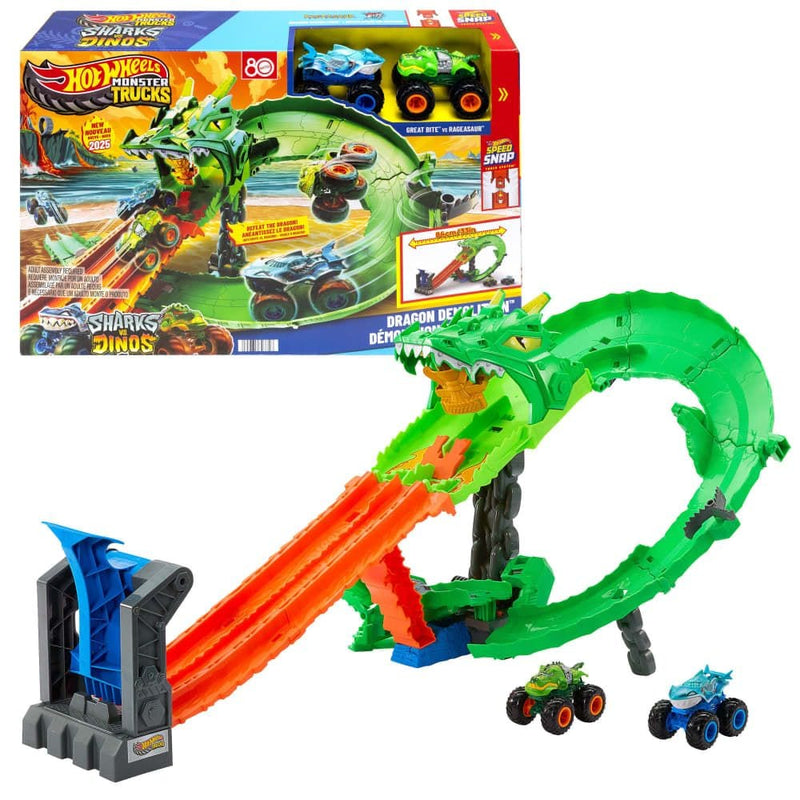 Sharks vs. Dinos Dragon Destruction Playset with 2 1:64 Monster Trucks S2713