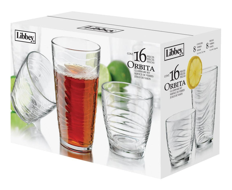 Orbita 16pc Tumbler Glassware Set, Dishwasher Safe, 8pc x 13-oz and 8pc x 18-oz M8617