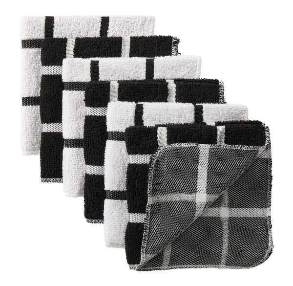 Terry Checkered Dish Cloths with Scrubber, Black, 6-pk L3356