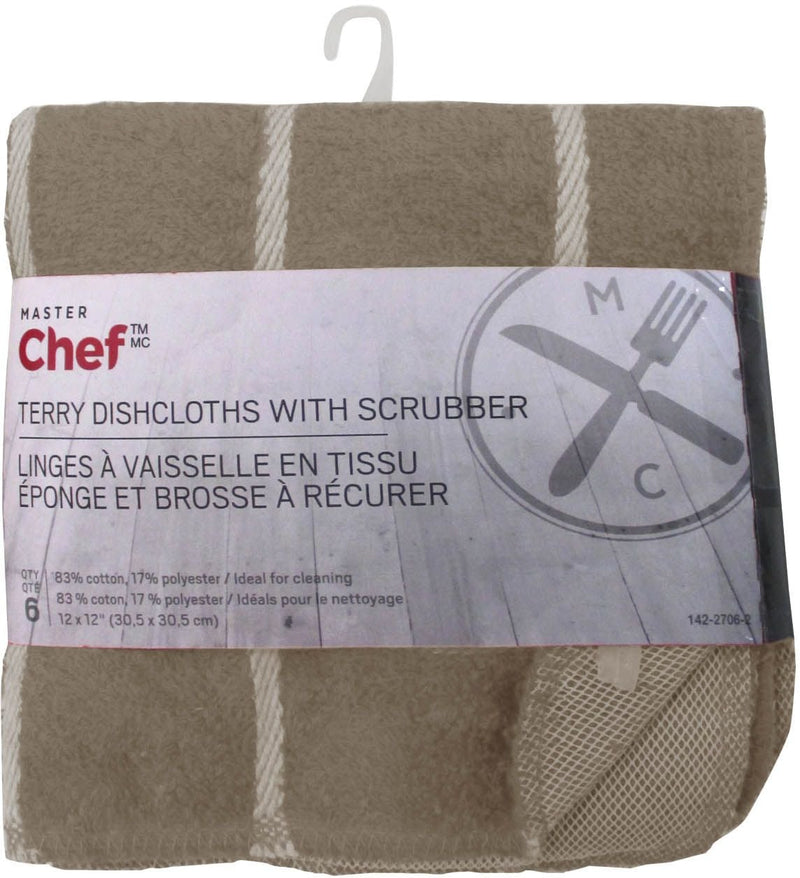 Terry Cotton Checkered Dishcloths with Scrubber, 12-in x 12-in, 6-pk, Brown C7150