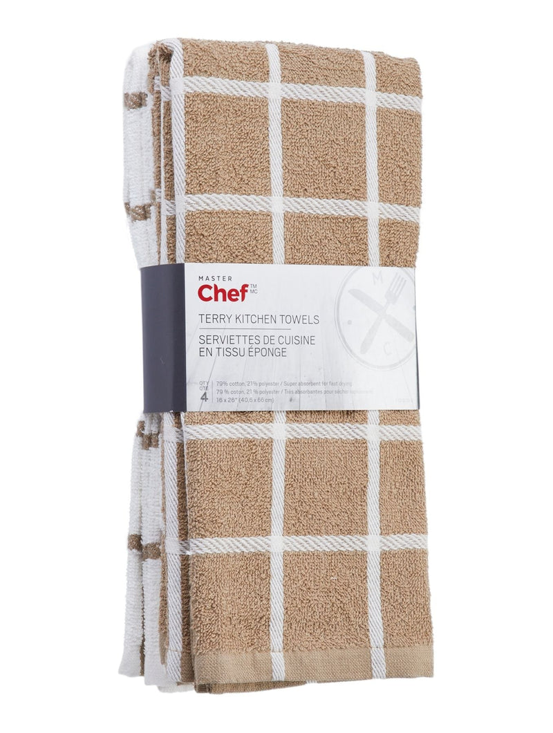 Terry Cotton Checkered Kitchen Towels, Reusable, 16-in x 26-in, 4-pk, Brown/White F2572