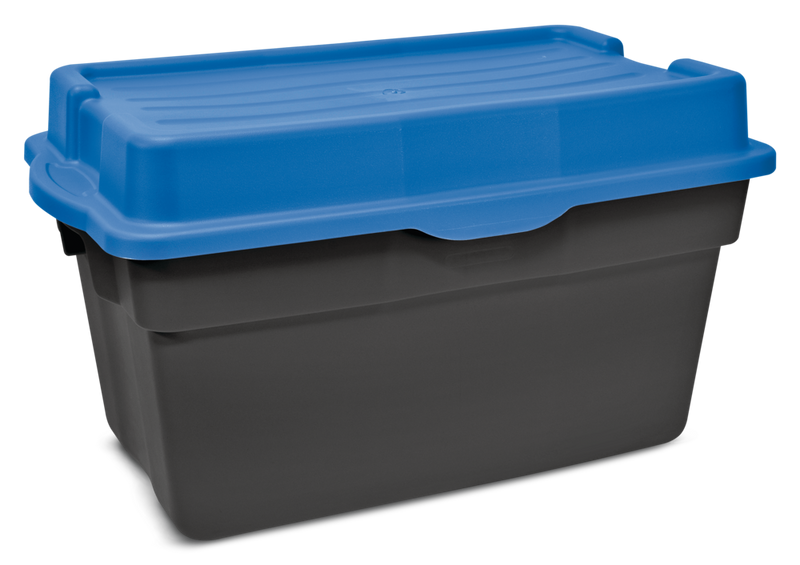 Heavy Duty Stackable Storage Box with Hinged Lid, 132-L, Black/Blue Z2841
