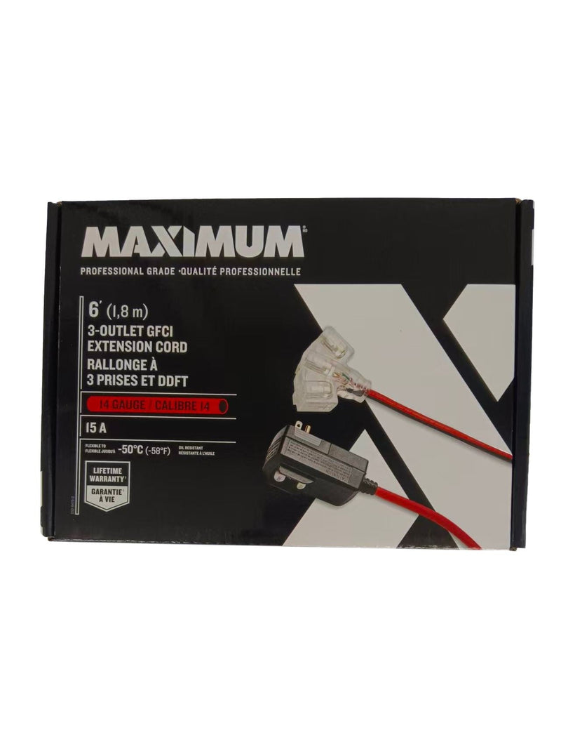 6-ft 14/3 Outdoor GFCI Extension Cord with 3 Grounded Outlets, Lighted End, Block/Red M9207