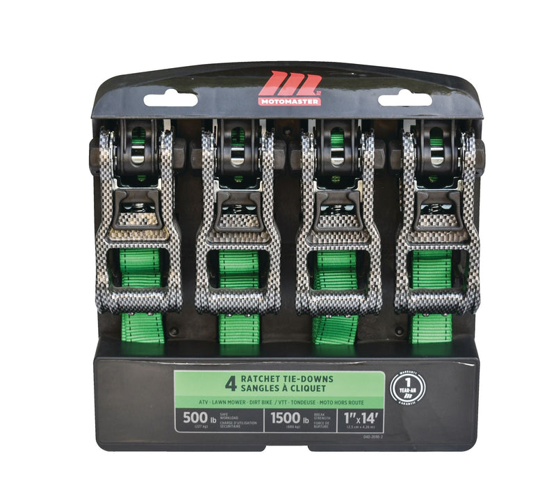 1,500-lb Carbon Ratchet Tie Downs, Weatherproof, 1-in x 14-ft, 4-pk, Green K6152