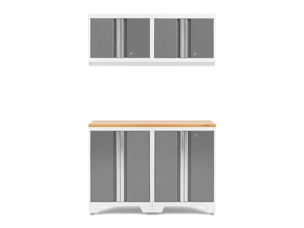 Bold 3.0 Series All-in-One Lockable Steel Garage Cabinetry Set with Bamboo Top, White/Platinum, 48-in x 18-in x 76.75-in, 5-pc P6416